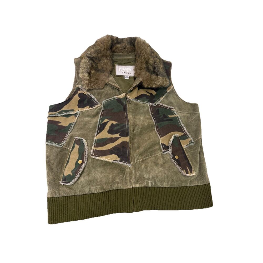 Wilson’s‎ Penny Lane Vest Y2K Leather Women’s XL Camo Faux Fur Patchwork Boho